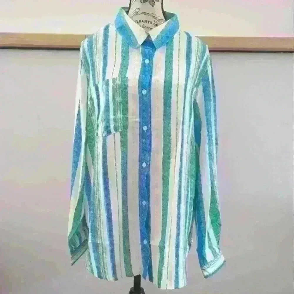 AMAZON | Women's Blue/White/Green Button Down Collard Striped Long Sleeved Top